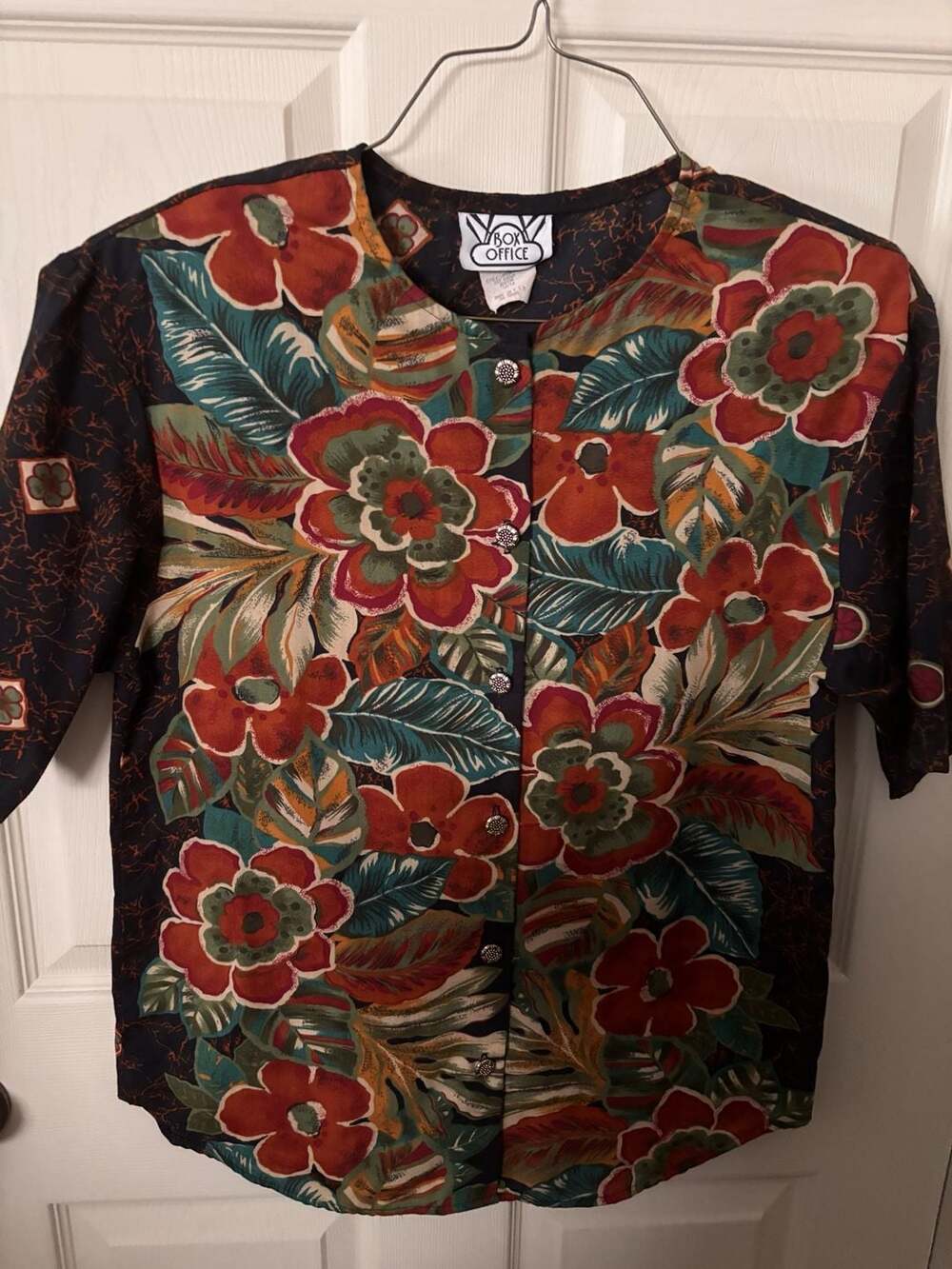 Vintage Box Office Floral Print Short Sleeve Button Front Blouse Medium 12/14 Ma